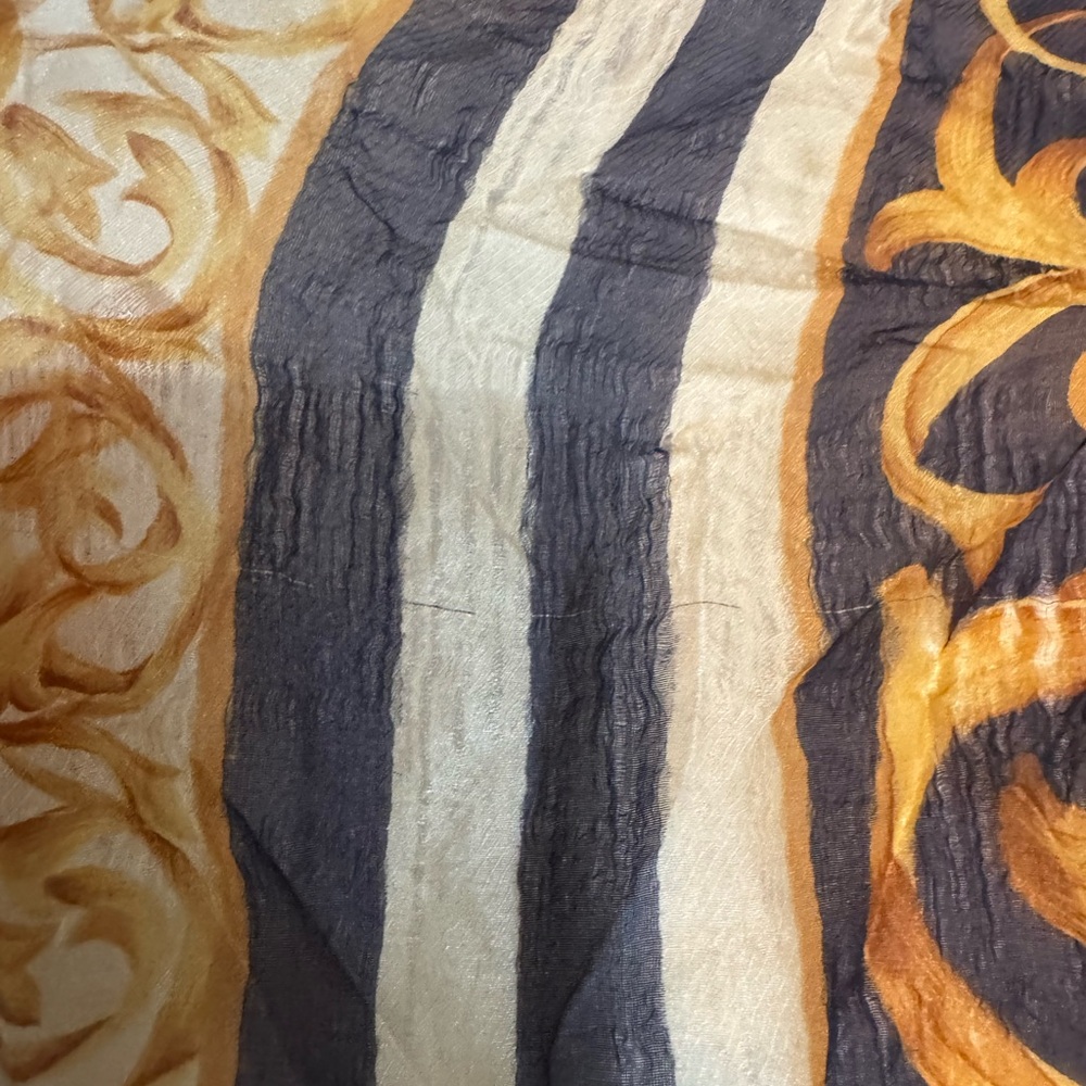 VINTAGE Christian Dior Silk Scarf 32" Baroque Polka Dot Stripe Navy Gold Blue - Picture 7 of 9